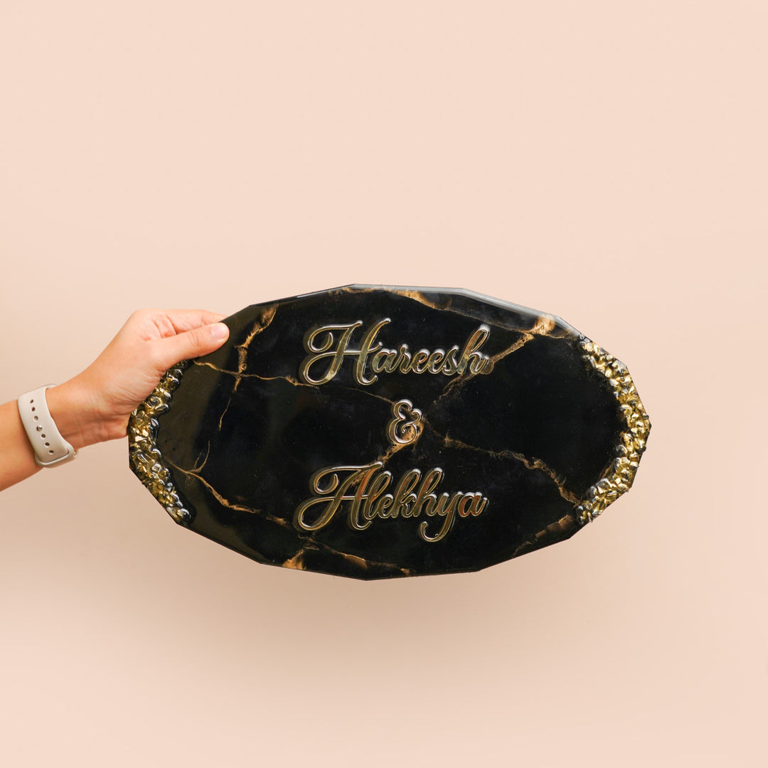 Personalized Oval Black & Gold Resin Name Plate For Couples