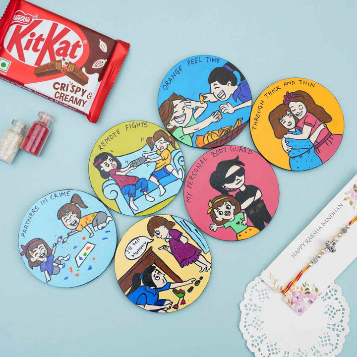 Hand-painted Caricature Magnet & Rakhi Hamper With Chocolates & Roli Chawal For Sisters | Set of 8