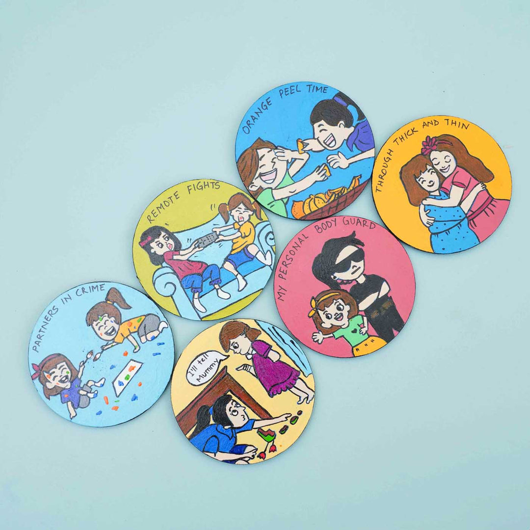 Hand-painted Caricature Magnet & Rakhi Hamper With Chocolates & Roli Chawal For Sisters | Set of 8