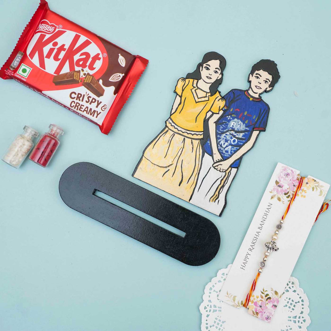 Photo Personalized Hand-painted Caricature Cutout With Stand | Rakhi Gift  With Chocolates & Roli Chawal | Set of 3