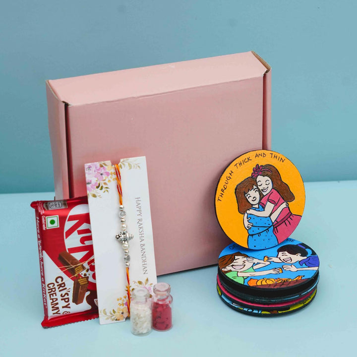 Hand-painted Caricature Magnet & Rakhi Hamper With Chocolates & Roli Chawal For Sisters | Set of 8