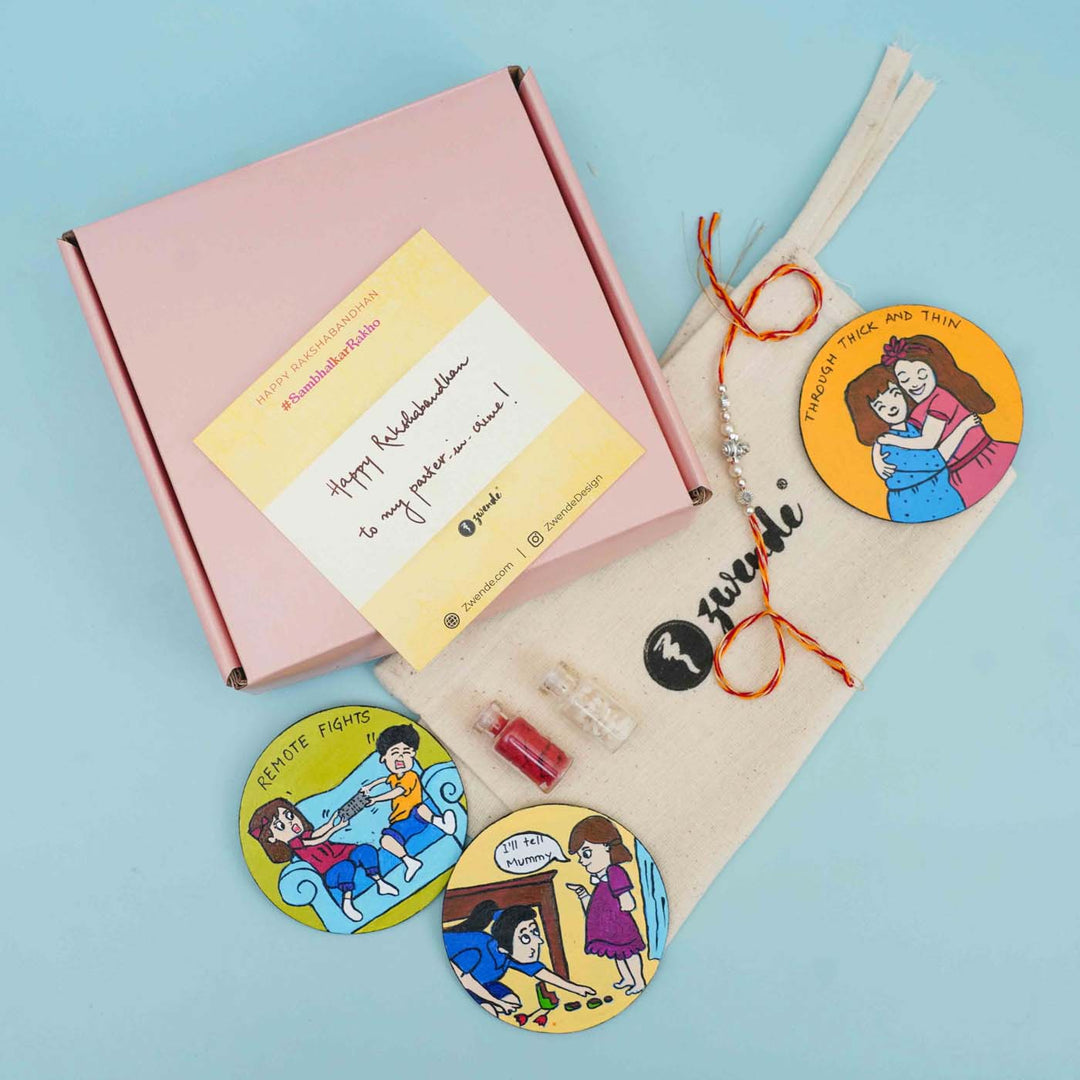 Hand-painted Caricature Magnet & Rakhi Hamper With Chocolates & Roli Chawal For Brother | Set of 8