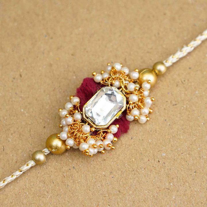 Handmade Large Kundan Stone & Pearl Rakhi With Roli Chawal