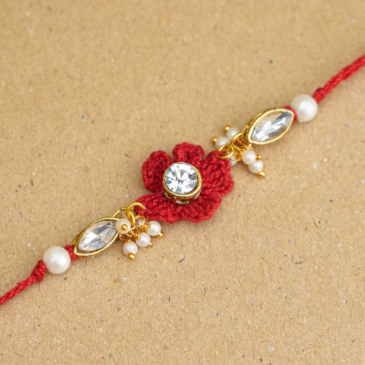 Handmade Kundan Floral Red Rakhi With Roli Chawal