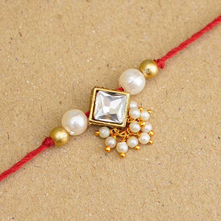 Handmade Kundan Diamond Shape Rakhi With Roli Chawal