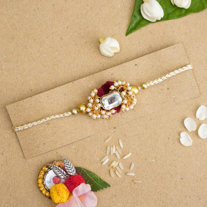 Handmade Large Kundan Stone & Pearl Rakhi With Roli Chawal