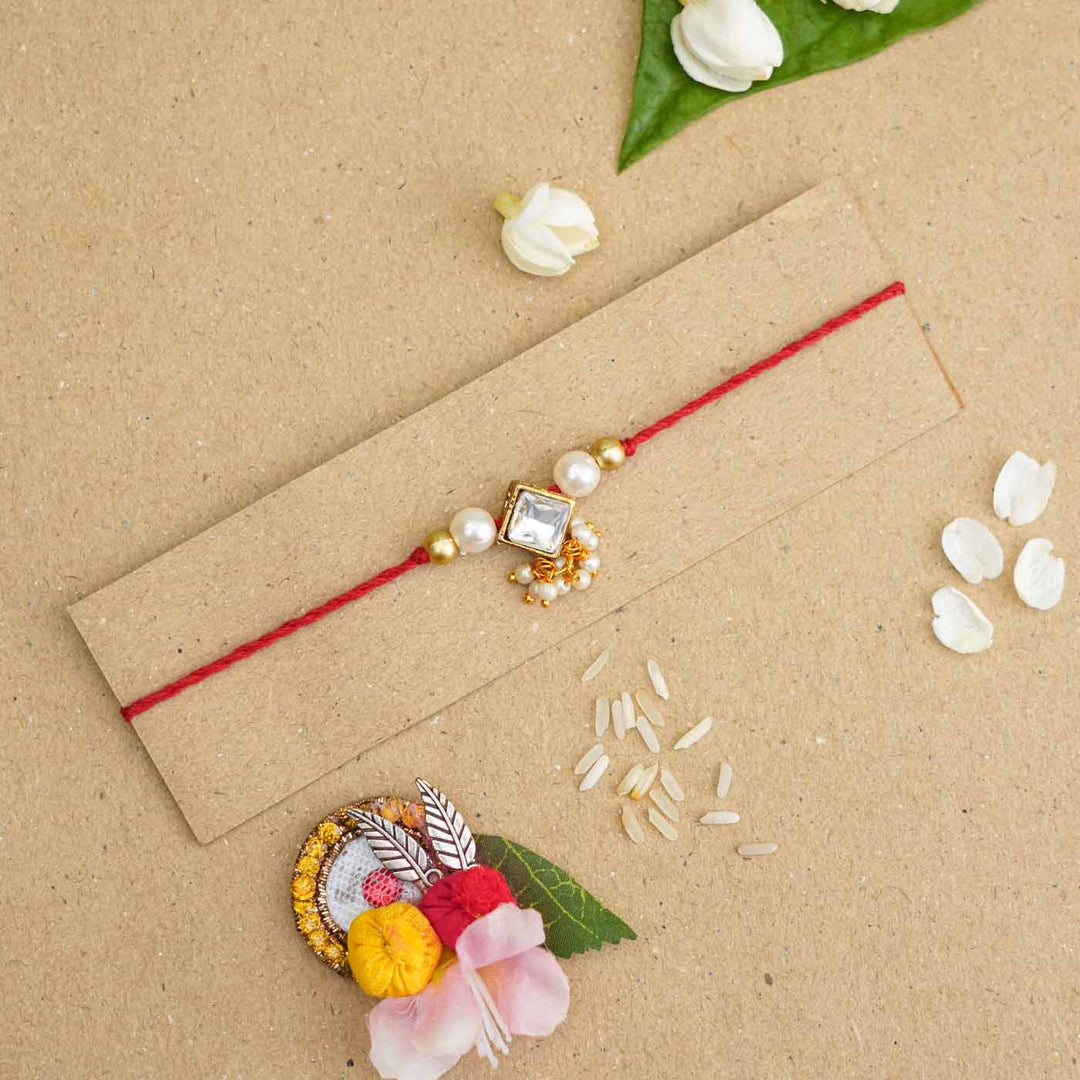 Handmade Kundan Diamond Shape Rakhi With Roli Chawal