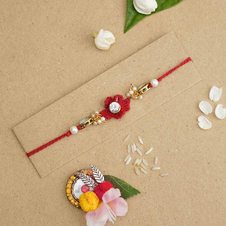 Handmade Kundan Floral Red Rakhi With Roli Chawal