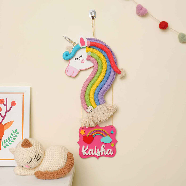 Personalized Handmade Macrame Unicorn Kids Name Plate With 3D Letters