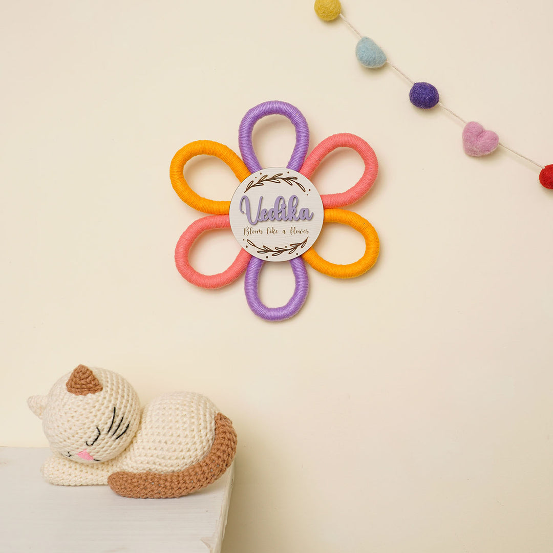 Personalized Handmade Macrame Flower Bloom Kids Name Plate With 3D Letters