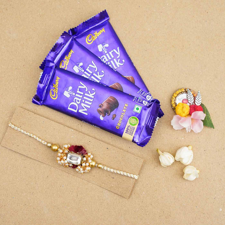 Handmade Large Kundan Stone & Pearl Rakhi With Roli Chawal