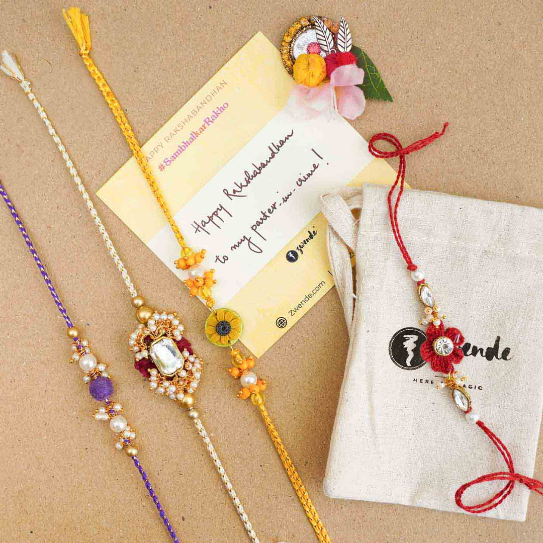 Handmade Kundan Floral Red Rakhi With Roli Chawal