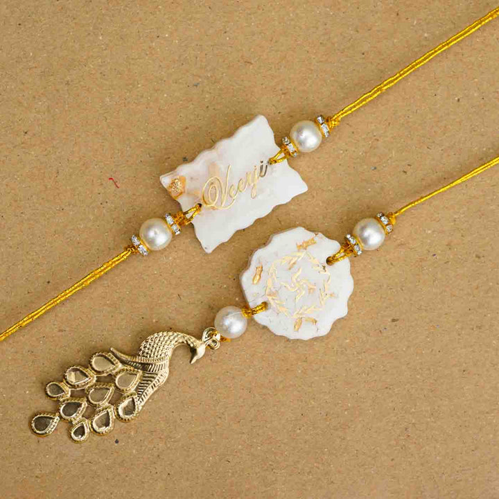 Personalized Handmade White Resin Bhaiya Bhabhi Rakhi With Roli Chawal | Set of 2