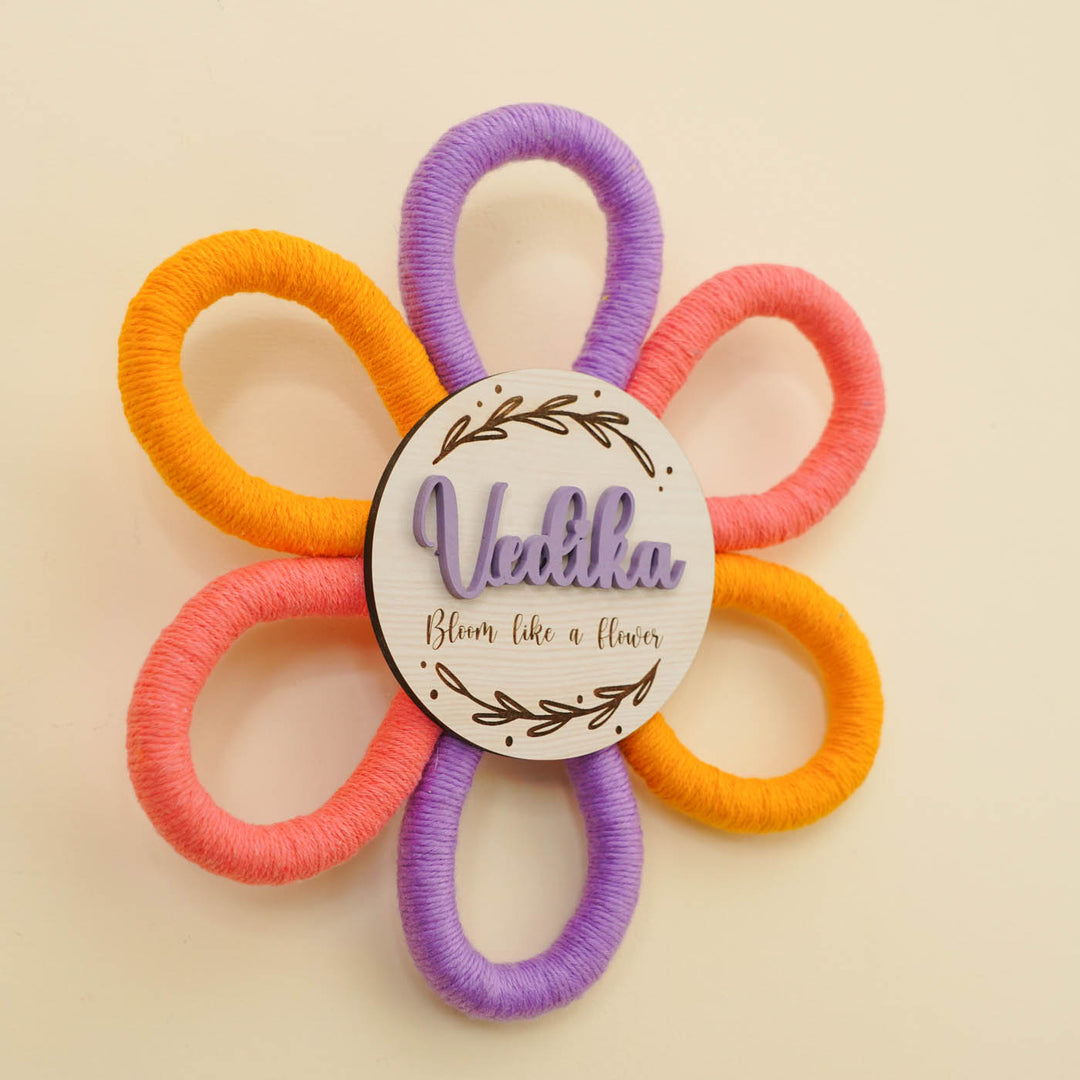 Personalized Handmade Macrame Flower Bloom Kids Name Plate With 3D Letters