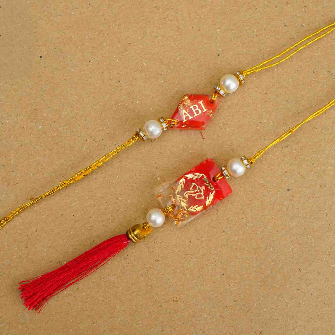 Personalized Handmade Red Resin Bhaiya Bhabhi Rakhi With Roli Chawal | Set of 2