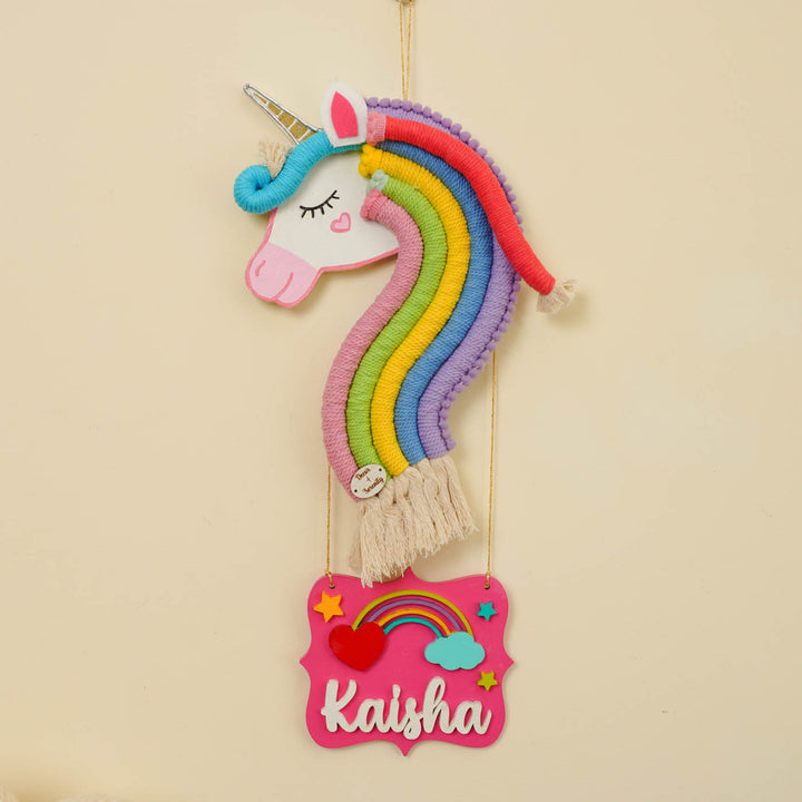 Personalized Handmade Macrame Unicorn Kids Name Plate With 3D Letters