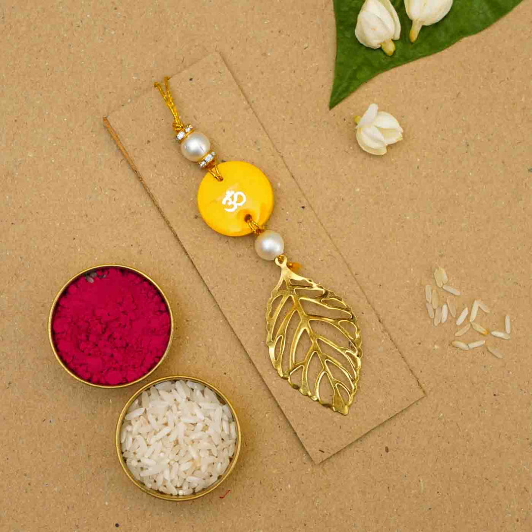 Personalized Handmade Yellow Resin Lumba Rakhi for Bhabhi With Roli Chawal