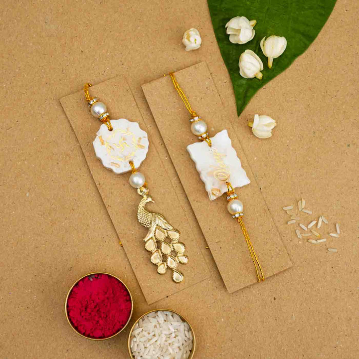 Personalized Handmade White Resin Bhaiya Bhabhi Rakhi With Roli Chawal | Set of 2