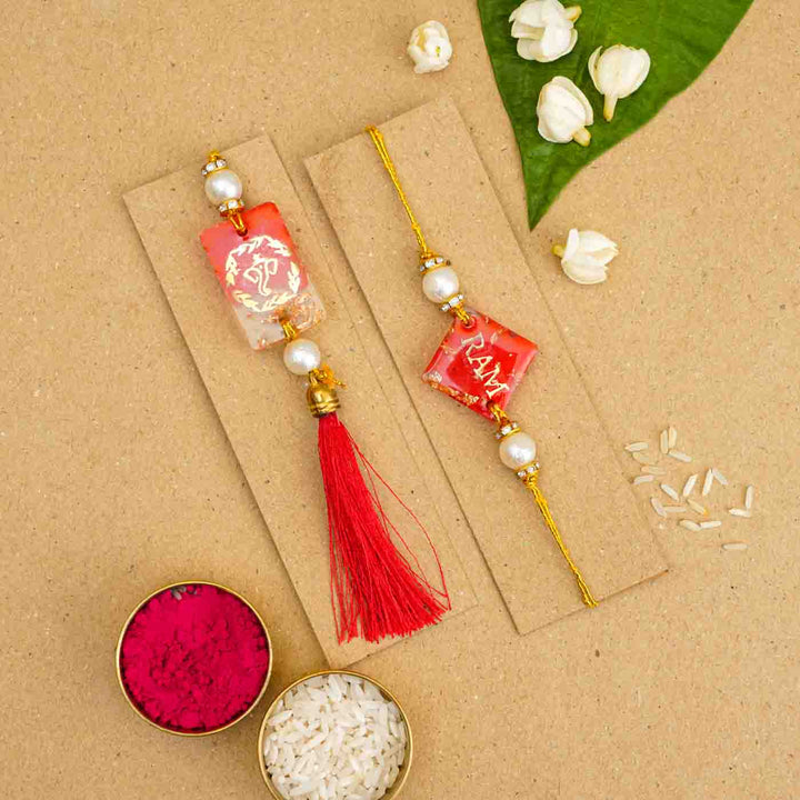 Personalized Handmade Red Resin Bhaiya Bhabhi Rakhi With Roli Chawal | Set of 2