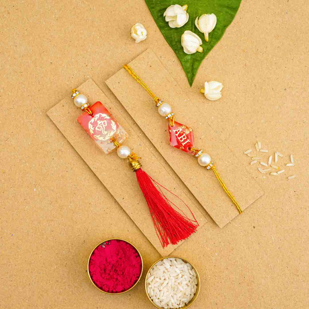 Personalized Handmade Red Resin Bhaiya Bhabhi Rakhi With Roli Chawal | Set of 2