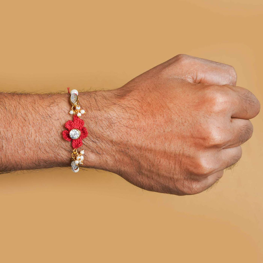 Handmade Kundan Floral Red Rakhi With Roli Chawal