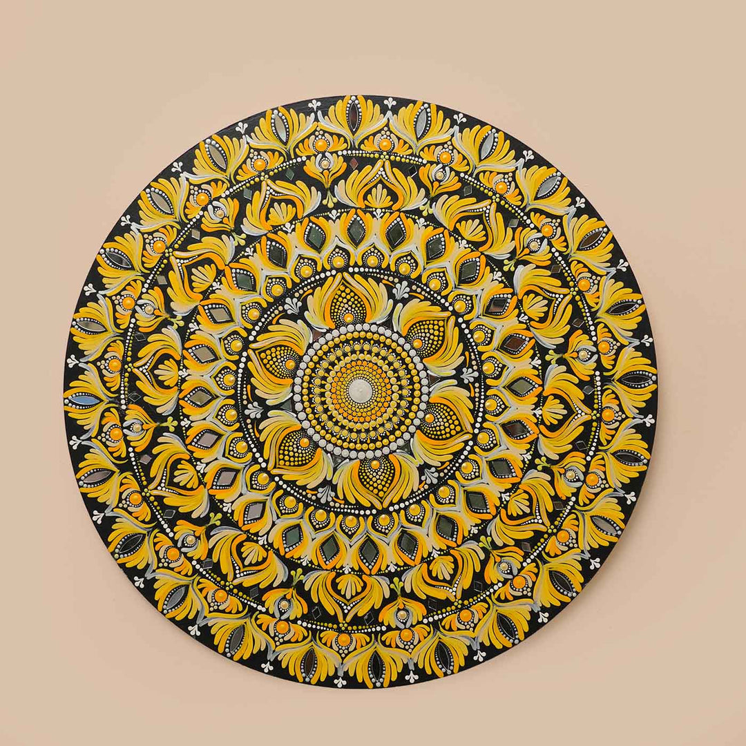 Hand-Painted Yellow Dot Art Mandala Mdf Wood Wall Plate | 16 Inch