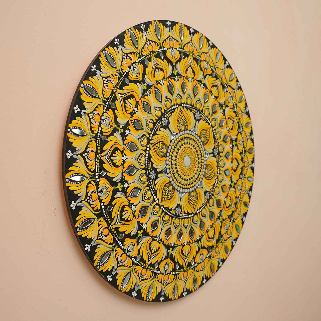 Hand-Painted Yellow Dot Art Mandala Mdf Wood Wall Plate | 16 Inch