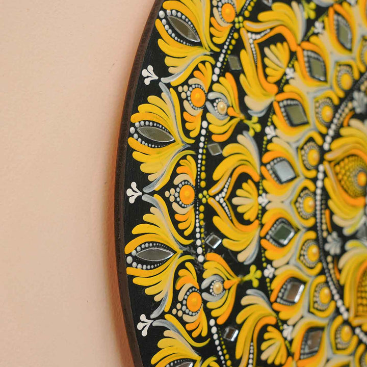 Hand-Painted Yellow Dot Art Mandala Mdf Wood Wall Plate | 16 Inch