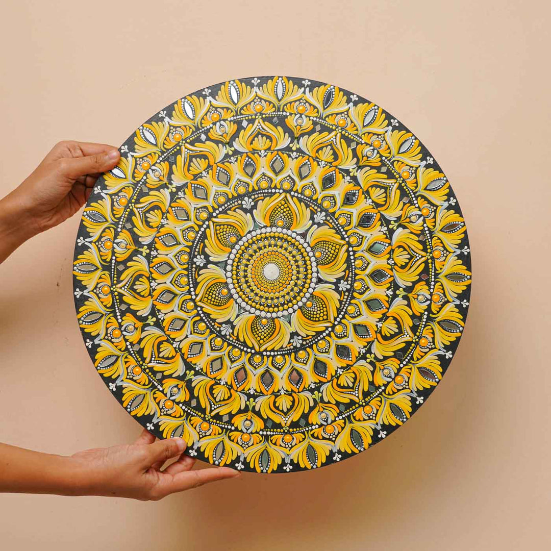 Hand-Painted Yellow Dot Art Mandala Mdf Wood Wall Plate | 16 Inch