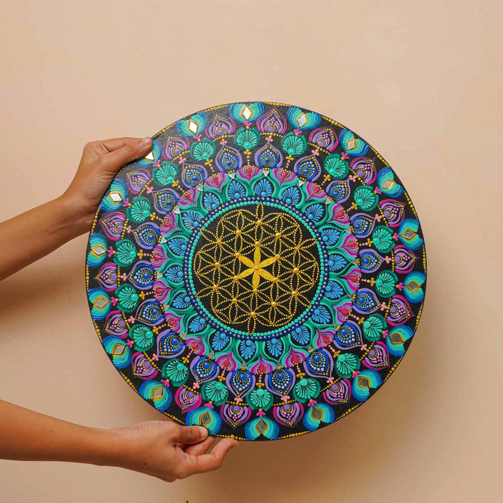 Hand-Painted Multicolour Dot Art Mandala Flower of Life Mdf Wood Wall Plate | 16 Inch