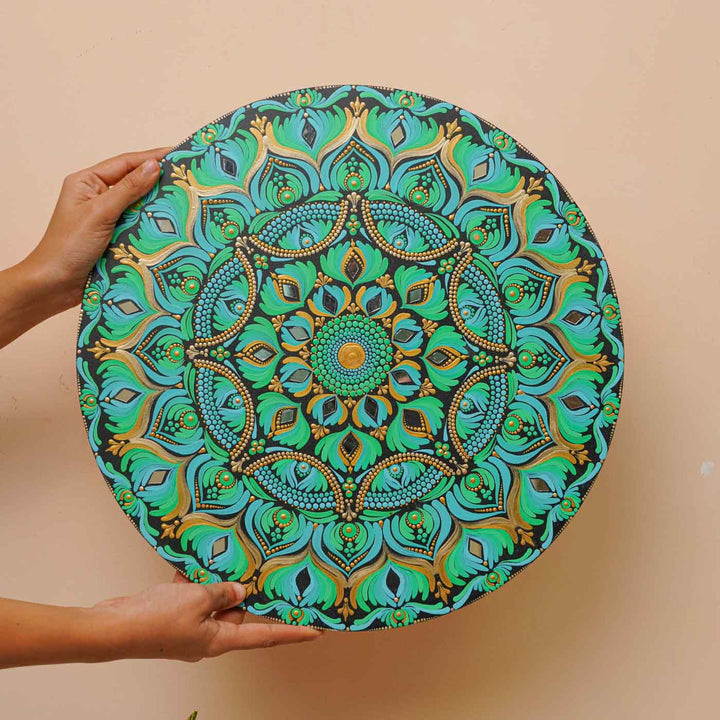 Hand-Painted Sea Green Dot Art Mandala Mdf Wood Wall Plate | 16 Inch