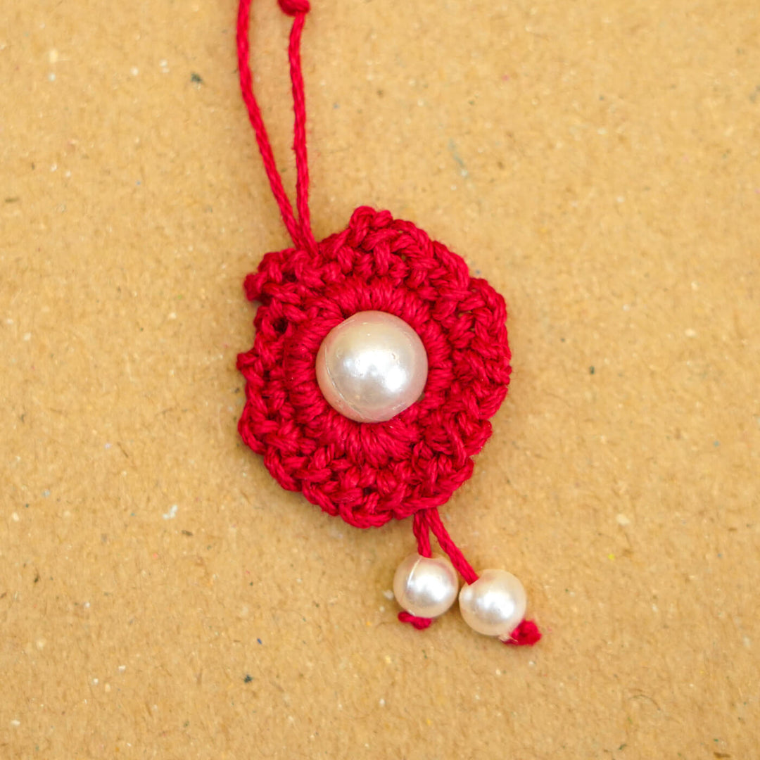 Handmade Crochet Round Pearl Cotton Lumba Rakhi for Bhabhi With Roli Chawal