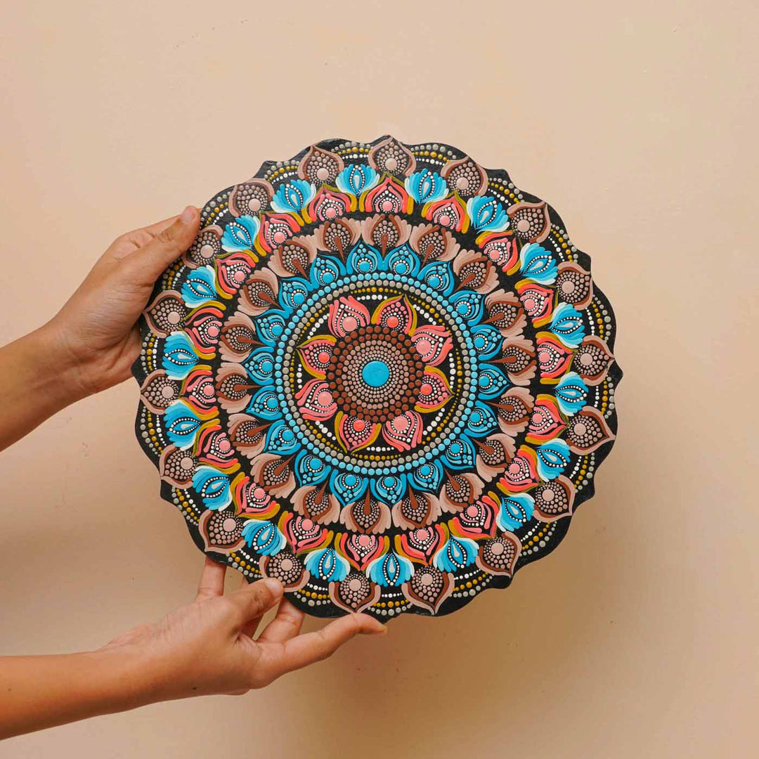 Hand-Painted Peach & Blue Dot Art Mandala Mdf Wood Wall Plate | 12 Inch