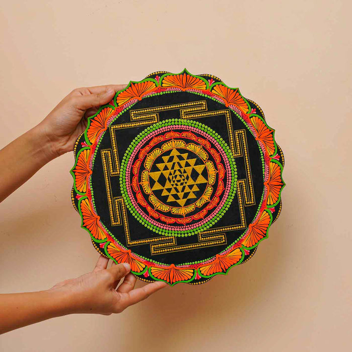 Hand-Painted Blue & Orange Dot Art Mandala Sri Yantra Mdf Wood Wall Plate | 12 Inch