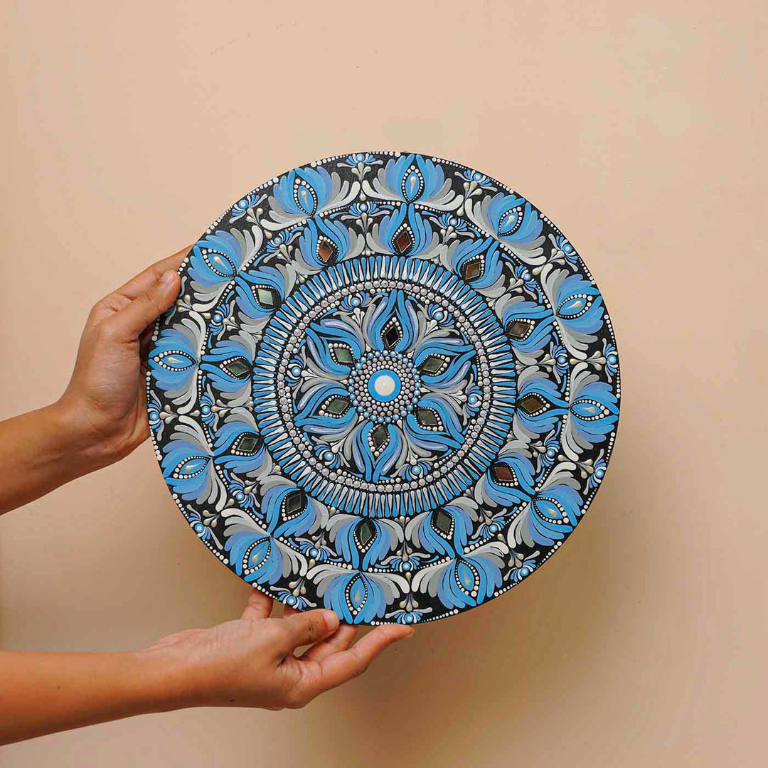 Hand-Painted Blue Dot Art Mandala Mdf Wood Wall Plate | 12 Inch