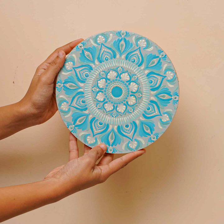 Hand-Painted Blue Dot Art Mandala Mdf Wood Wall Plate | 8 Inch