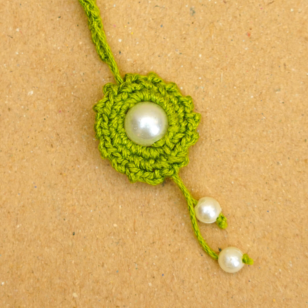 Handmade Crochet Round Pearl Cotton Lumba Rakhi for Bhabhi With Roli Chawal