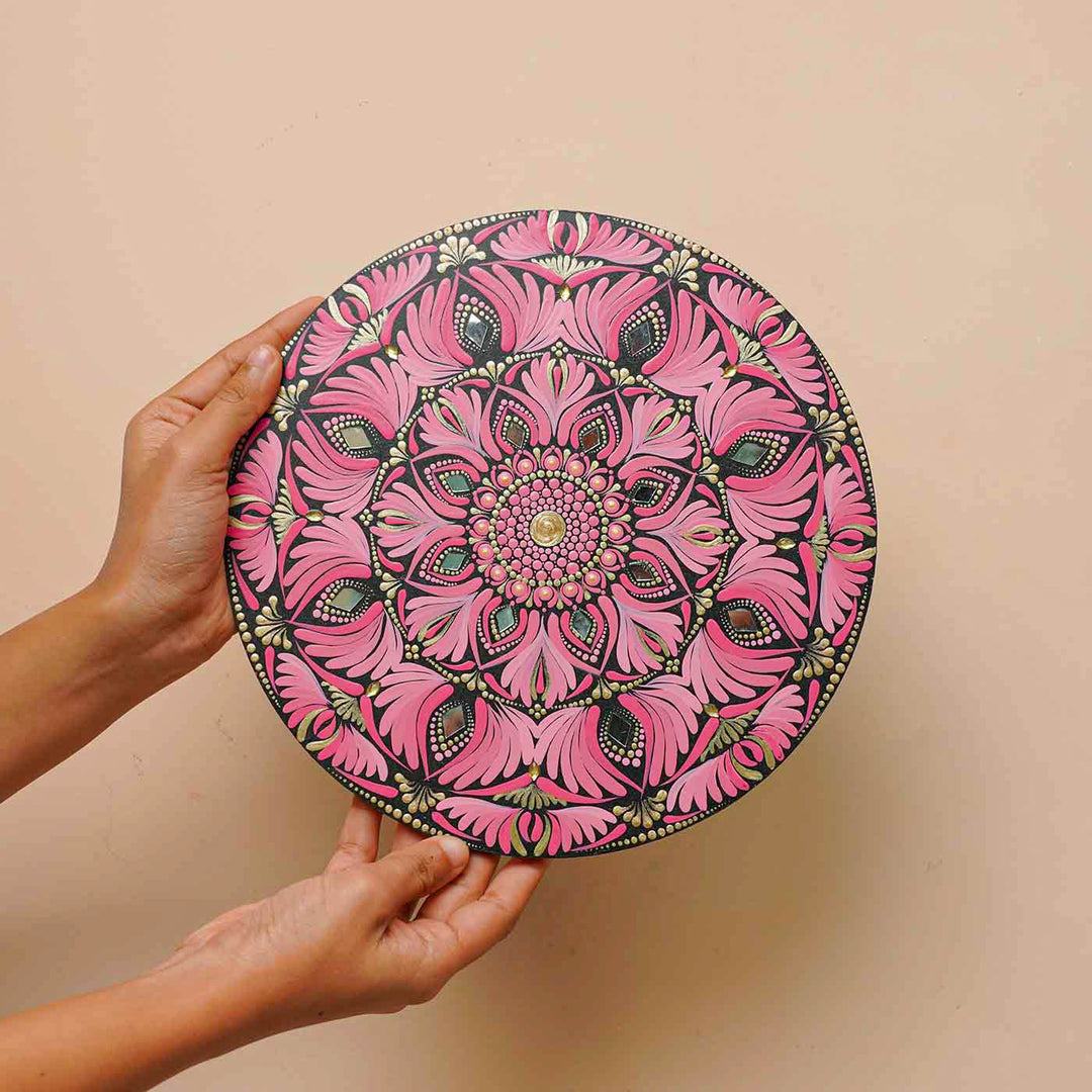 Hand-Painted Pink Dot Art Mandala Mdf Wood Wall Plate | 10 Inch