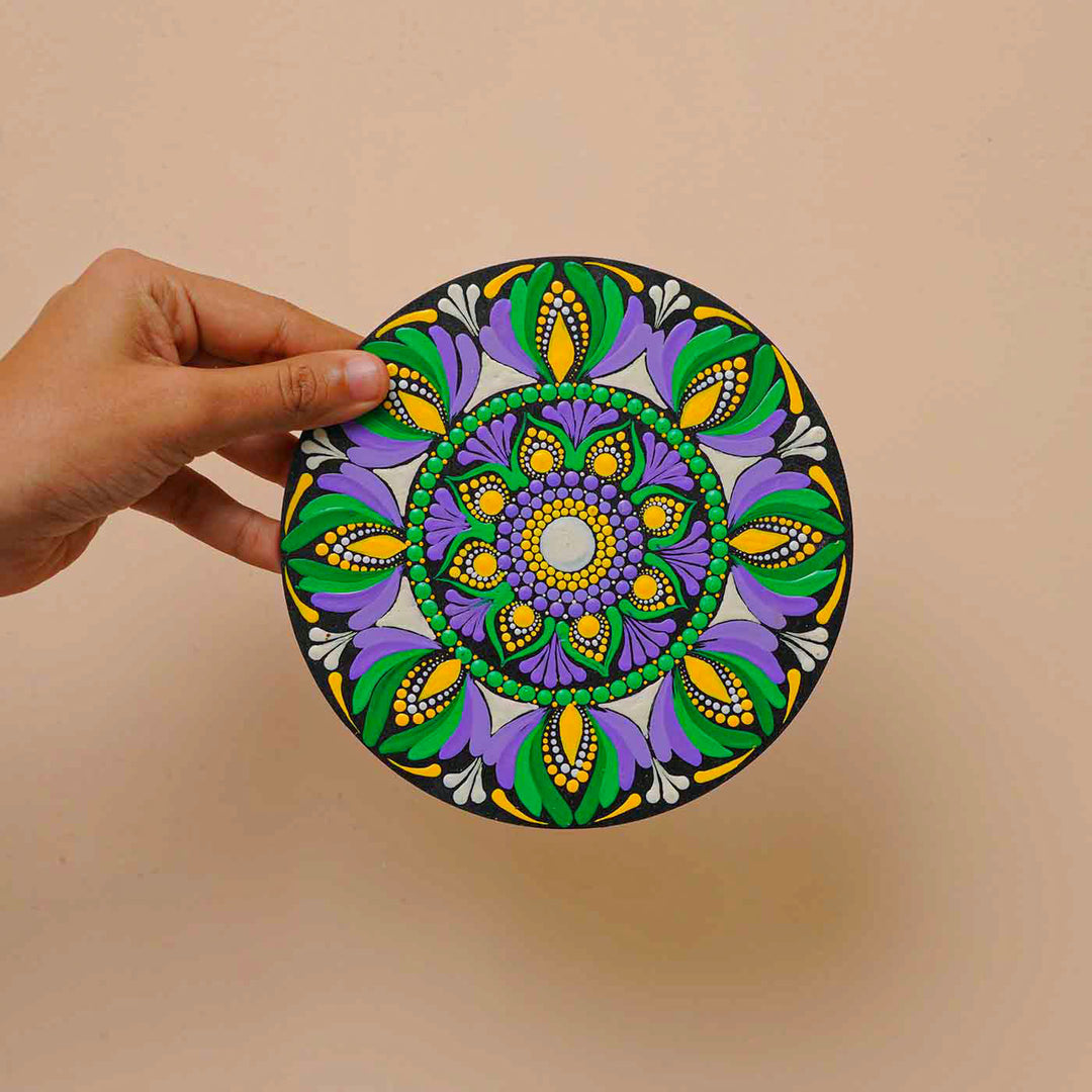 Hand-Painted Purple & Green Dot Art Mandala Mdf Wood Wall Plate | 6 Inch