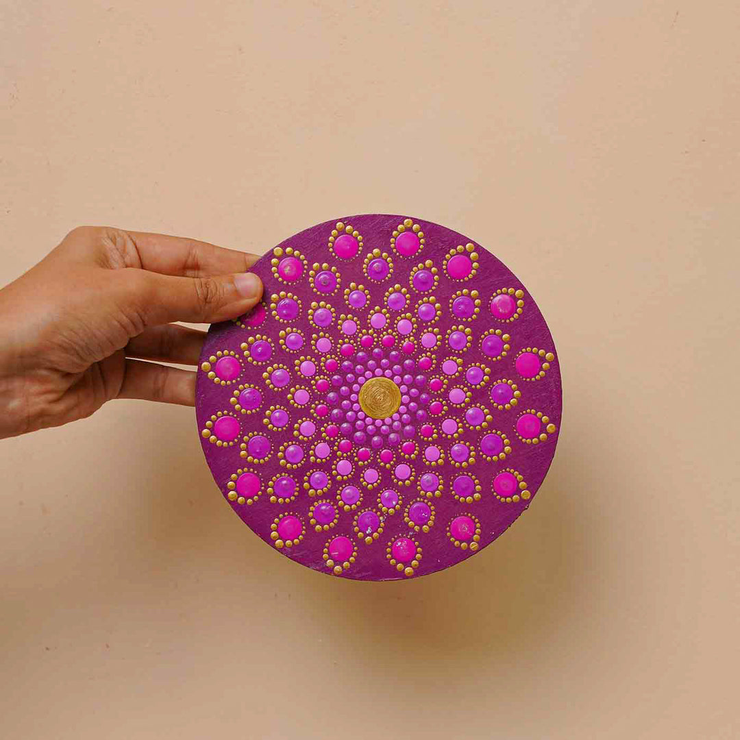 Hand-Painted Purple Dot Art Mandala Sacred Geometry Mdf Wood Wall Plate | 6 Inch