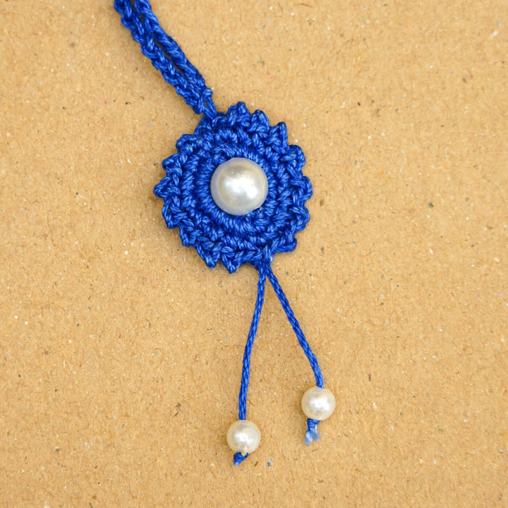 Handmade Crochet Round Pearl Cotton Lumba Rakhi for Bhabhi With Roli Chawal