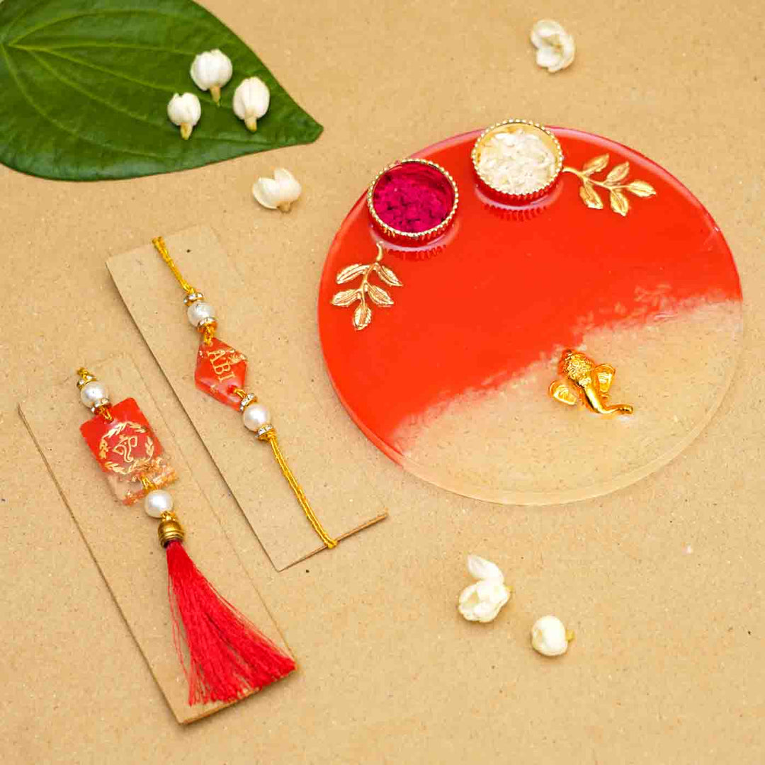 Personalized Handmade Red Resin Rakhi Thali  With Roli Chawal For Bhaiya and Bhabhi | Set of 3