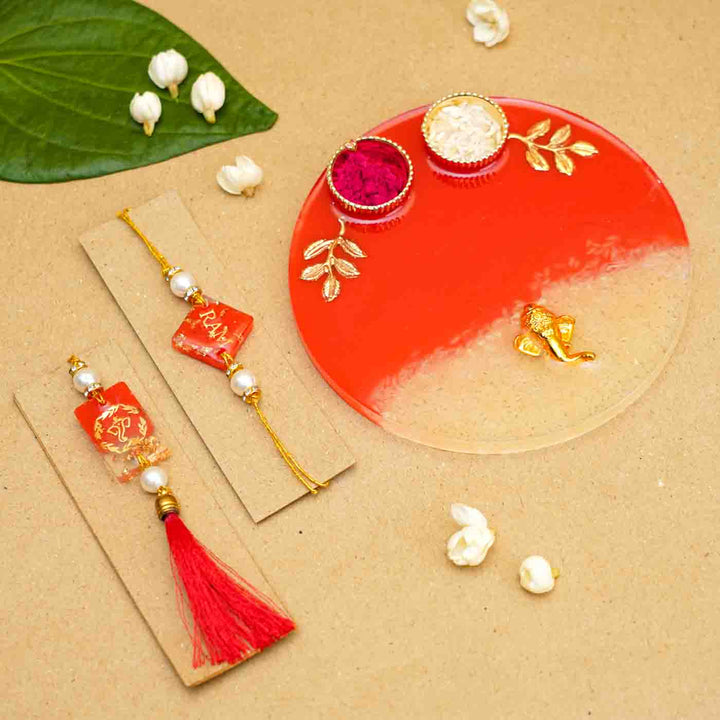 Personalized Handmade Red Resin Rakhi Thali  With Roli Chawal For Bhaiya and Bhabhi | Set of 3