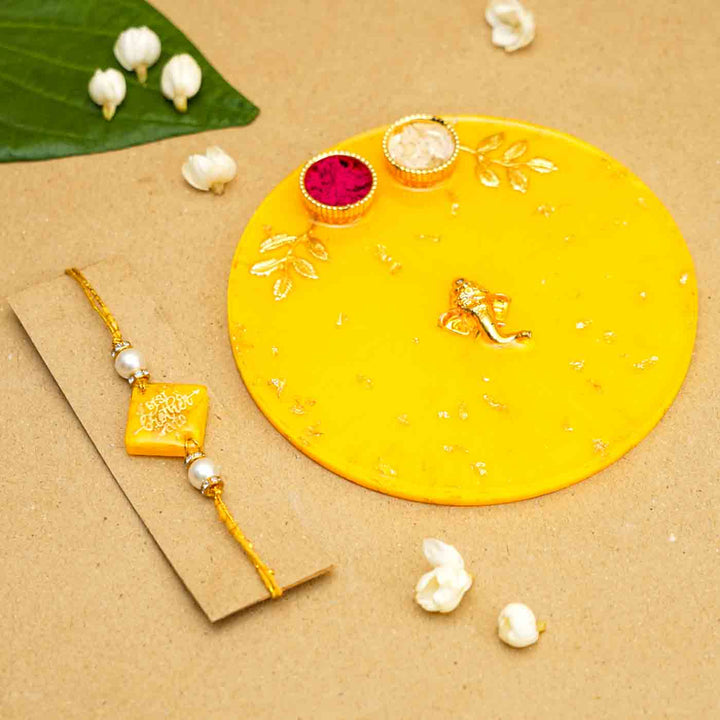 Personalized Handmade Yellow Resin Rakhi Thali  With Roli Chawal For Brother | Set of 2