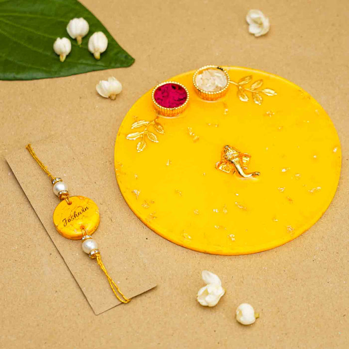 Personalized Handmade Yellow Resin Rakhi Thali  With Roli Chawal For Brother | Set of 2