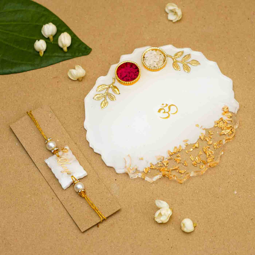 Personalized Handmade White Resin Rakhi Thali  With Roli Chawal For Brother | Set of 2