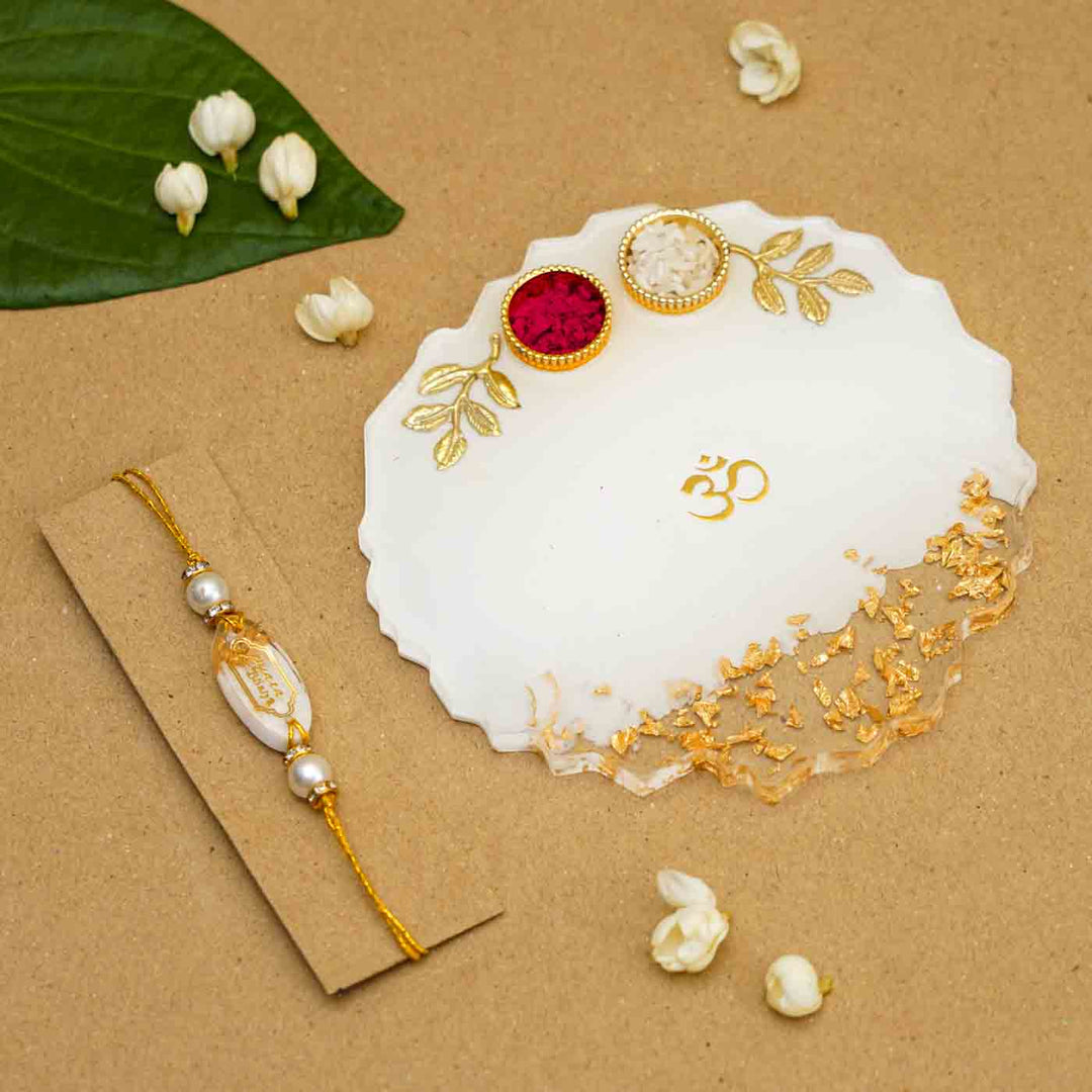 Personalized Handmade White Resin Rakhi Thali  With Roli Chawal For Brother | Set of 2