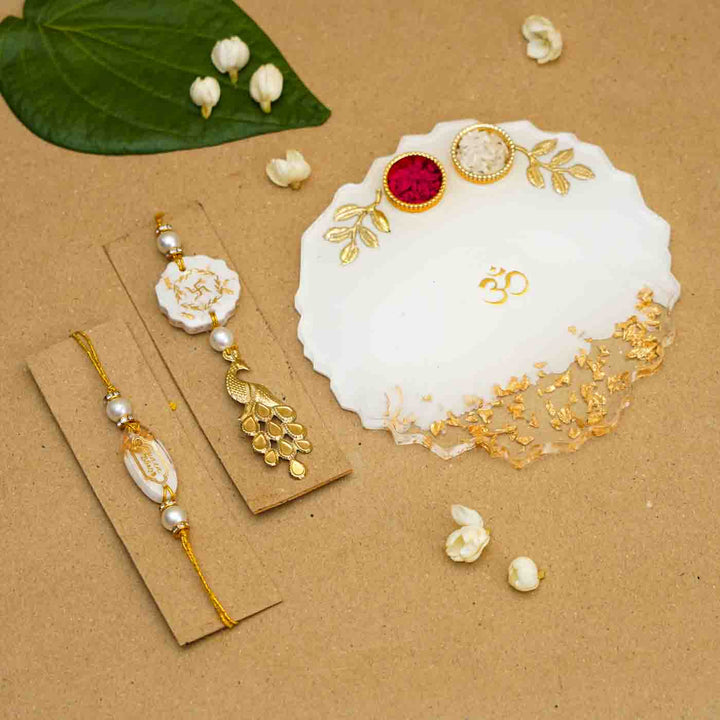 Personalized Handmade White Resin Rakhi Thali  With Roli Chawal For Bhaiya and Bhabhi | Set of 3