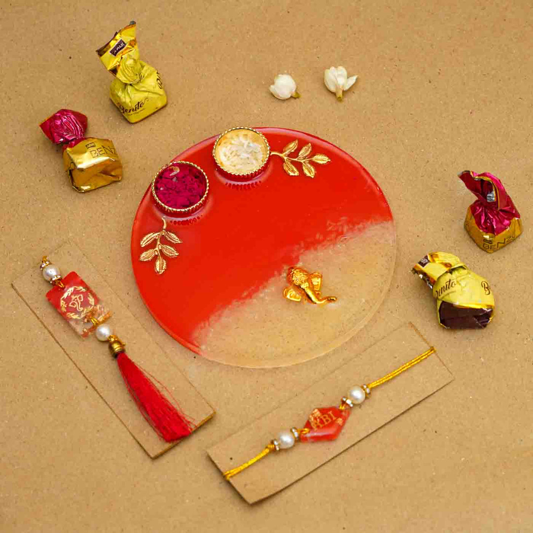 Personalized Handmade Red Resin Rakhi Thali  With Roli Chawal For Bhaiya and Bhabhi | Set of 3