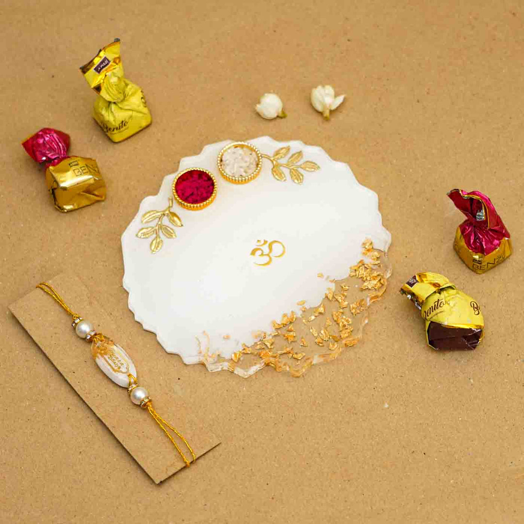 Personalized Handmade White Resin Rakhi Thali  With Roli Chawal For Brother | Set of 2